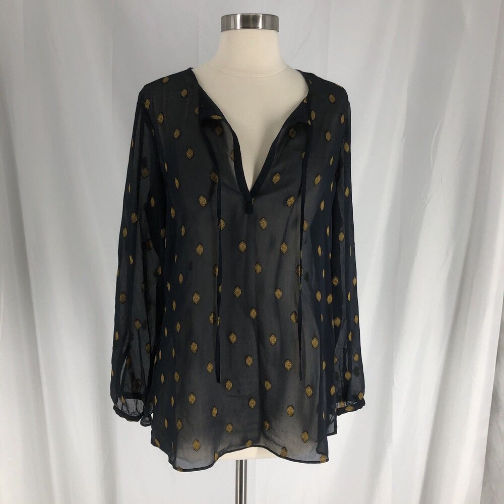 Petite Medium Ann Taylor Long Sleeve Navy Blouse Tie Neck